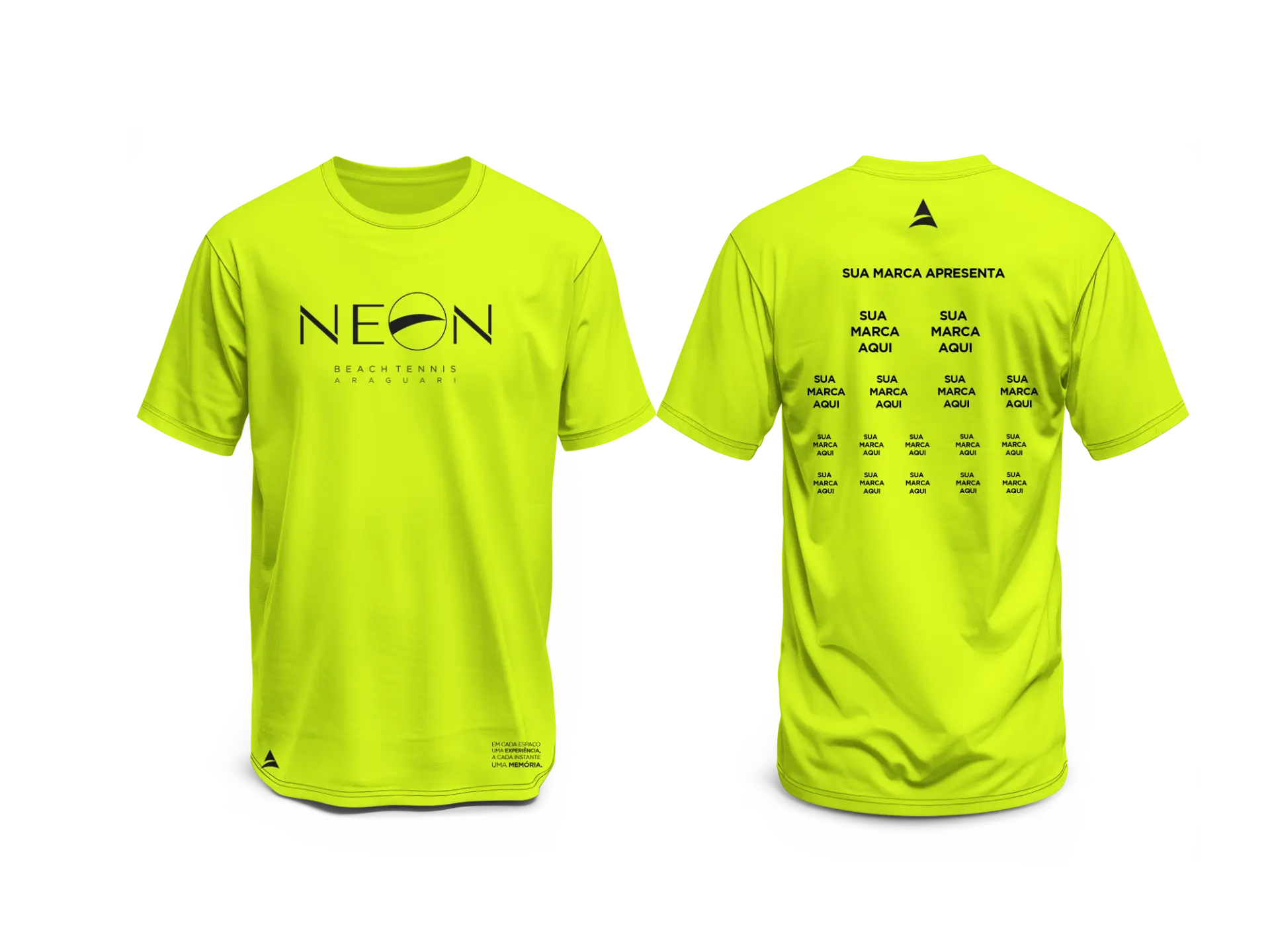 Camiseta oficial NEON: frente com a logo e costas com os espaços de patrocinadores